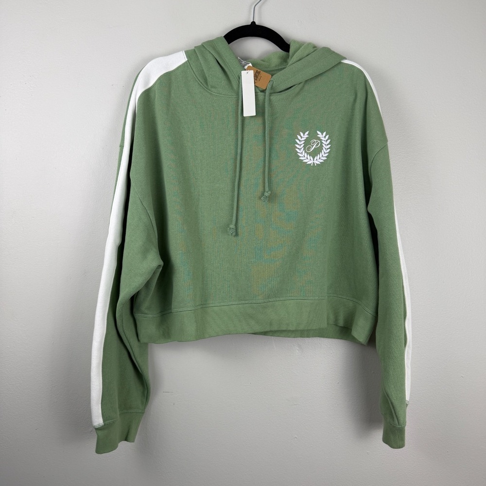 Victoria's Secret Pink Hoodie Women's XL Green Cotton Fleece Cropped Pullover